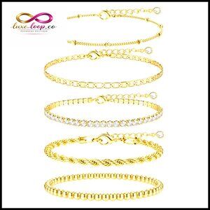 Chunky Gold Plated Bracelet Stack Layered Chain Link Tennis‎ Bead Ball Jewelry